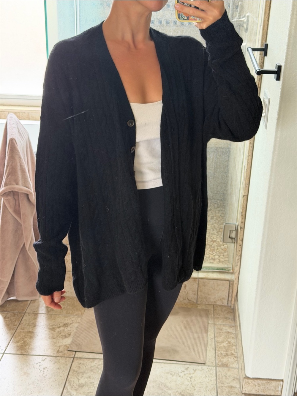 Black Women's Cable-Knit Button Cardigan Recycled Cashmere Sweater